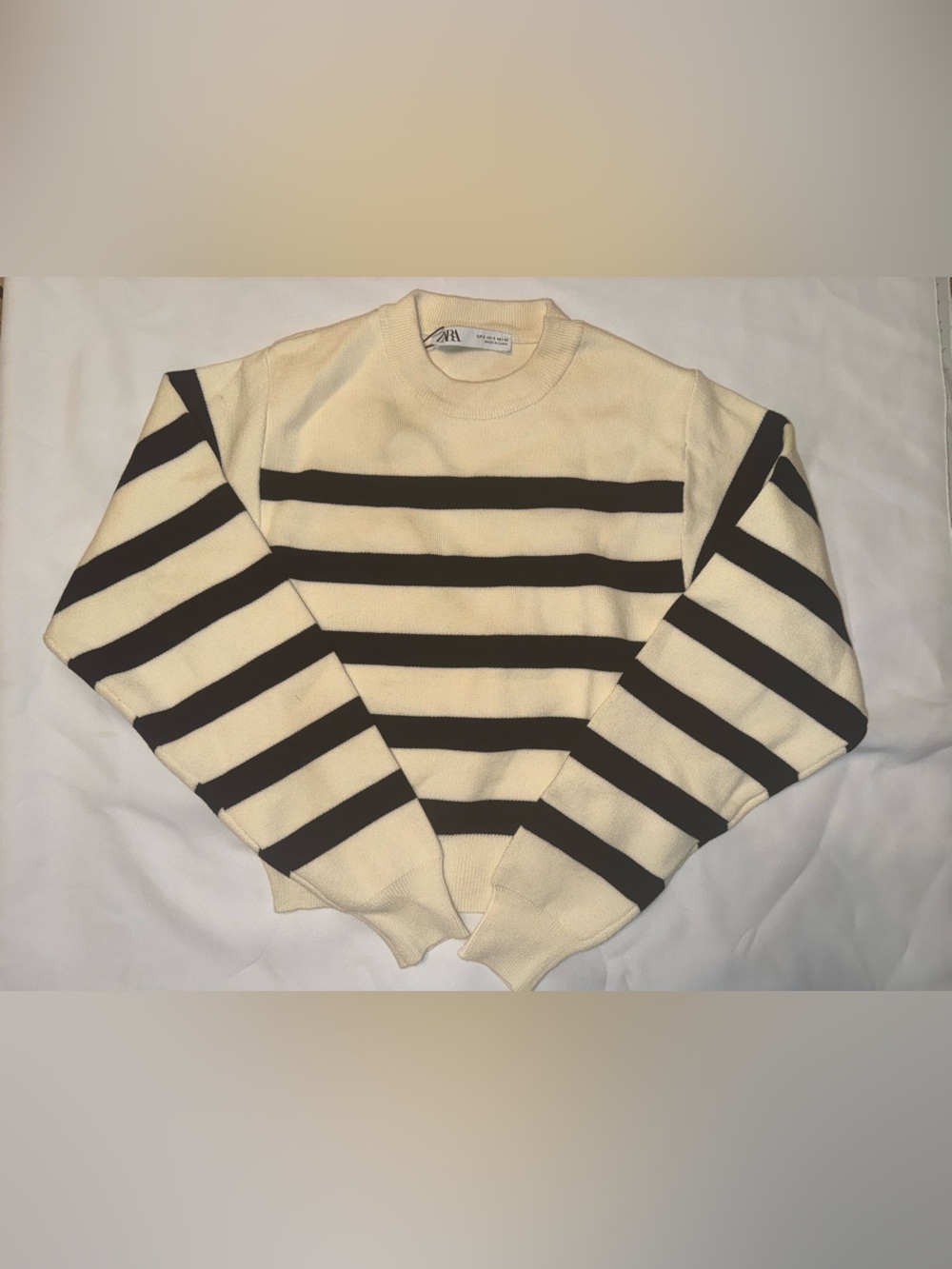Zara Cream and Black Striped Crewneck Sweater